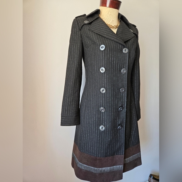 VIOLA Per Donna Black and Brown Pinstripe Midi Dress Coat. Size 36/ Small - Picture 2 of 14